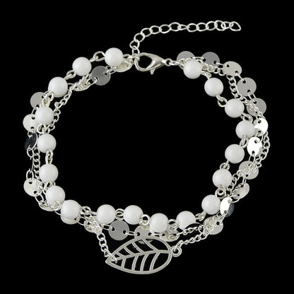 1 pc Foot Beach Jewellery Gold Silver Multi-layer Chain White Beads Leaf Anklet