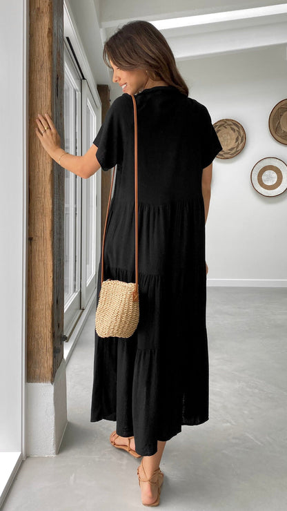 Black Linen Button-Down Midi Dress – Tiered Relaxed Fit Dress for Women
